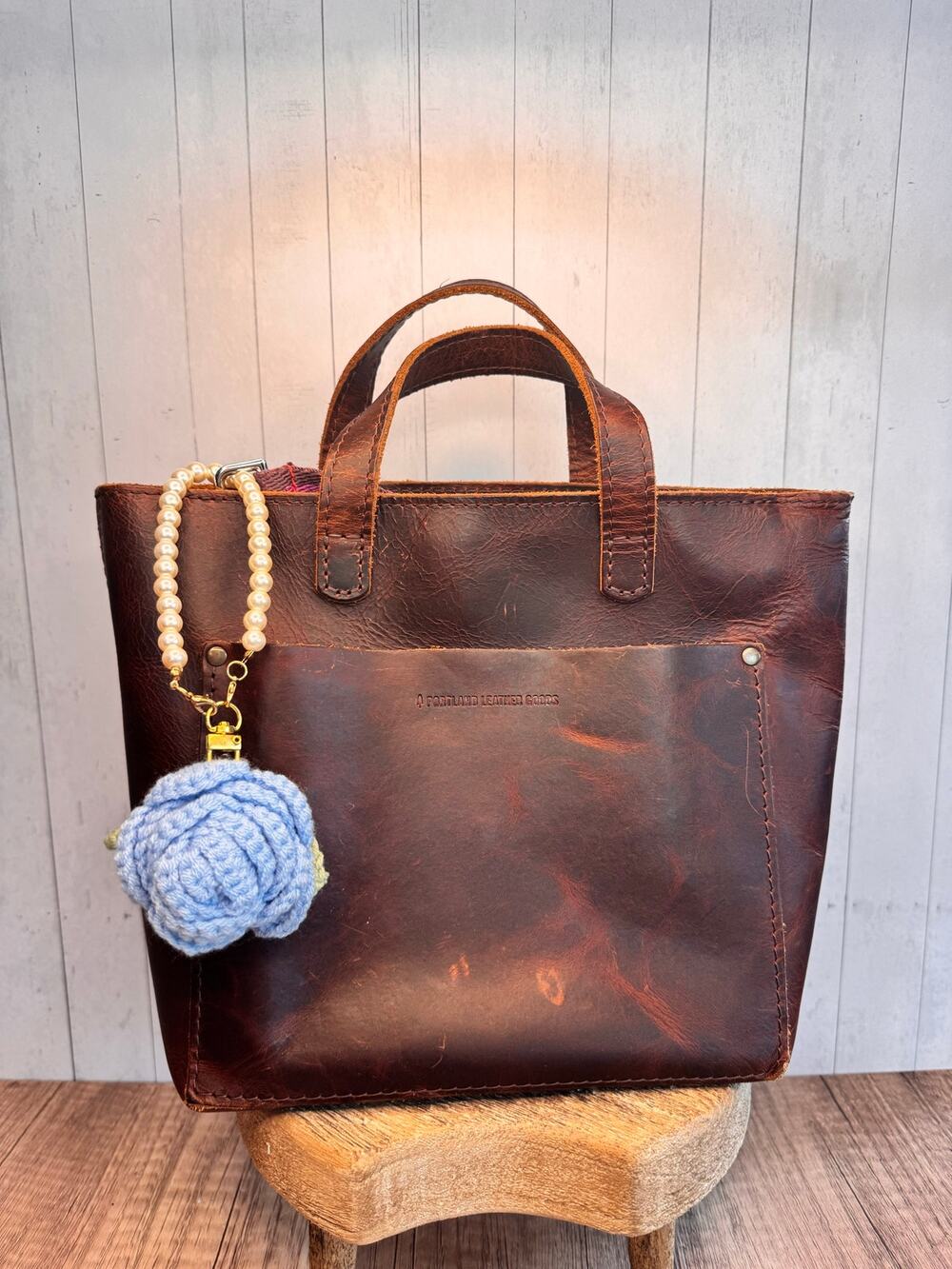 Crochet Bag Charm Crochet Pearl Blue Rose Flower Purse Charm Pearl Wristlet